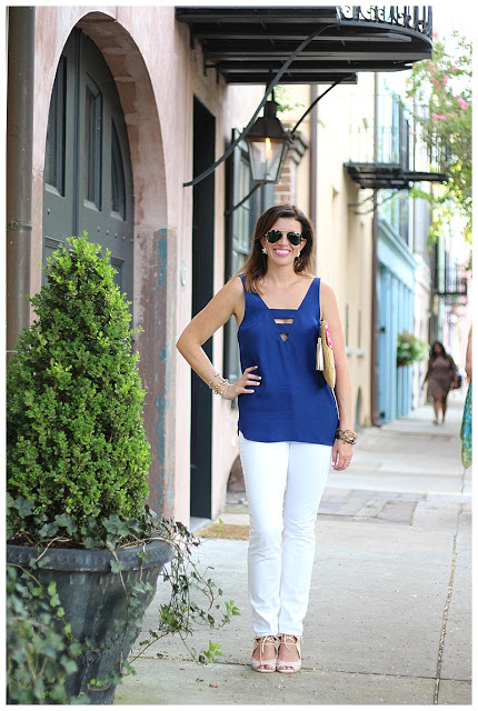 woman in Navy & White outfit