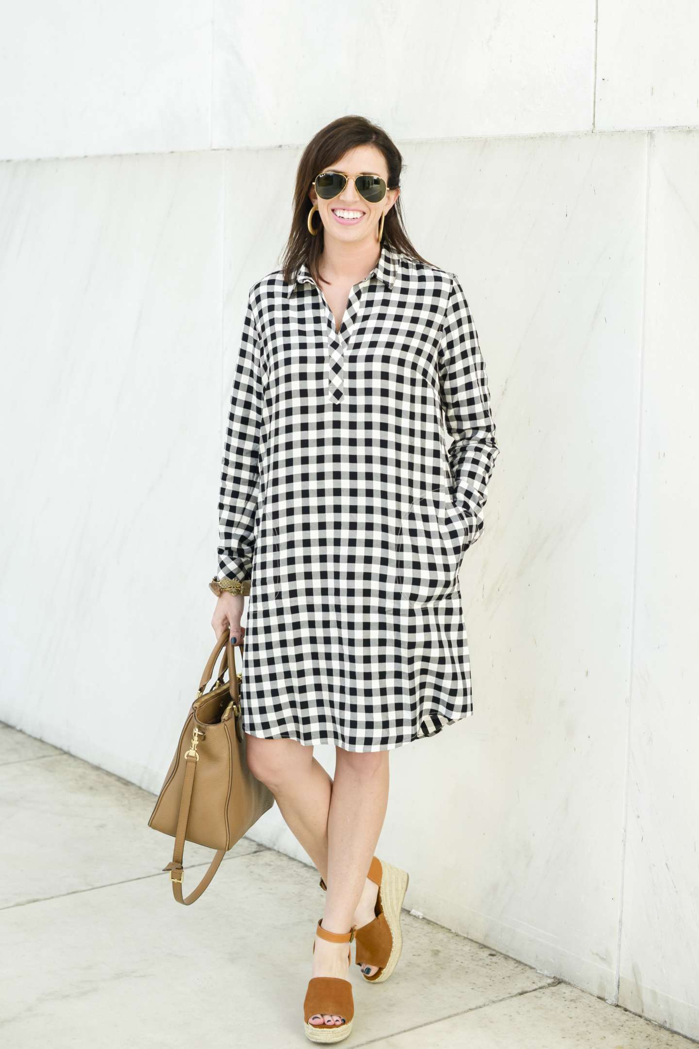 Gingham Shirt Dress + The Best Wedges for Spring - I'm Fixin' To - @mbg0112