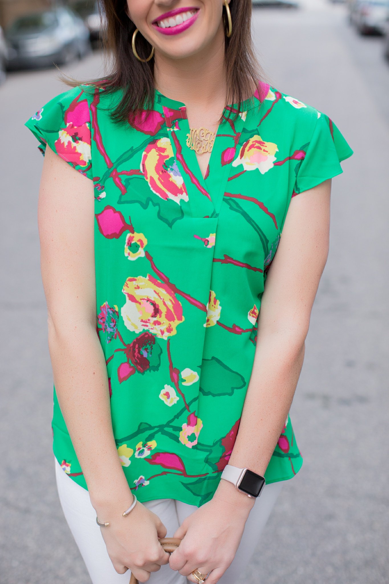J.Crew Factory Floral Top featured by top US fashion blog I'm Fixin' To; Image of a woman wearing J. Crew Factory floral top, J. Crew high-waisted jeans, Steve Madden wedges, Tory Burch tote, Sheila Fajl hoops, David Yurman bangle and Moon & Lola Cheshire necklace.