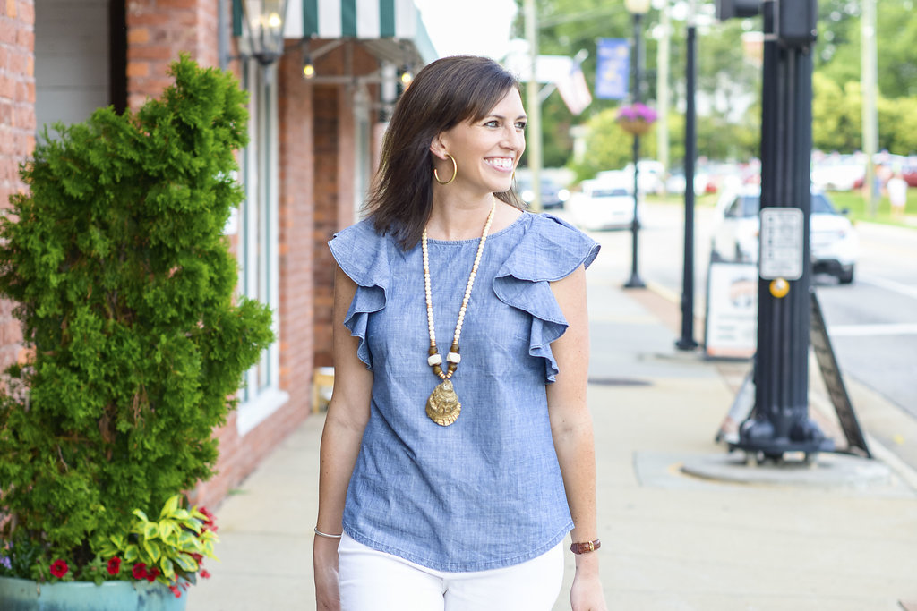 Chambray Ruffles & White Denim for the 4th of July - @mbg0112 - I'm Fixin' To