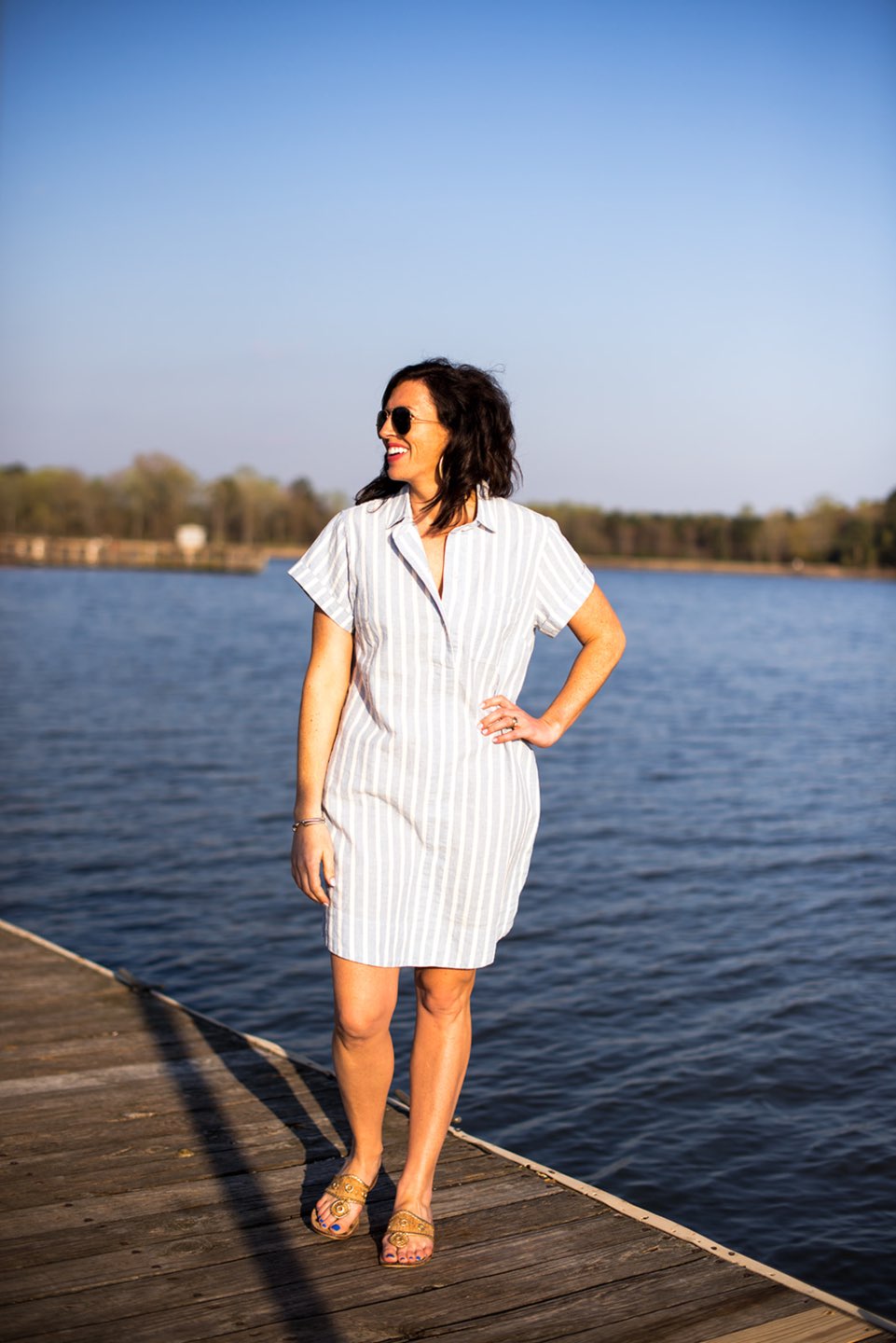 Casual Spring Outfits featured by top US fashion blog I'm Fixin' To; Image of a woman wearing J. Crew Factory Linen Dress, David Yurman Bangle, Sheila Fajl Hoops, Ray-Ban Polarized Aviators and Jack Rogers Sandals