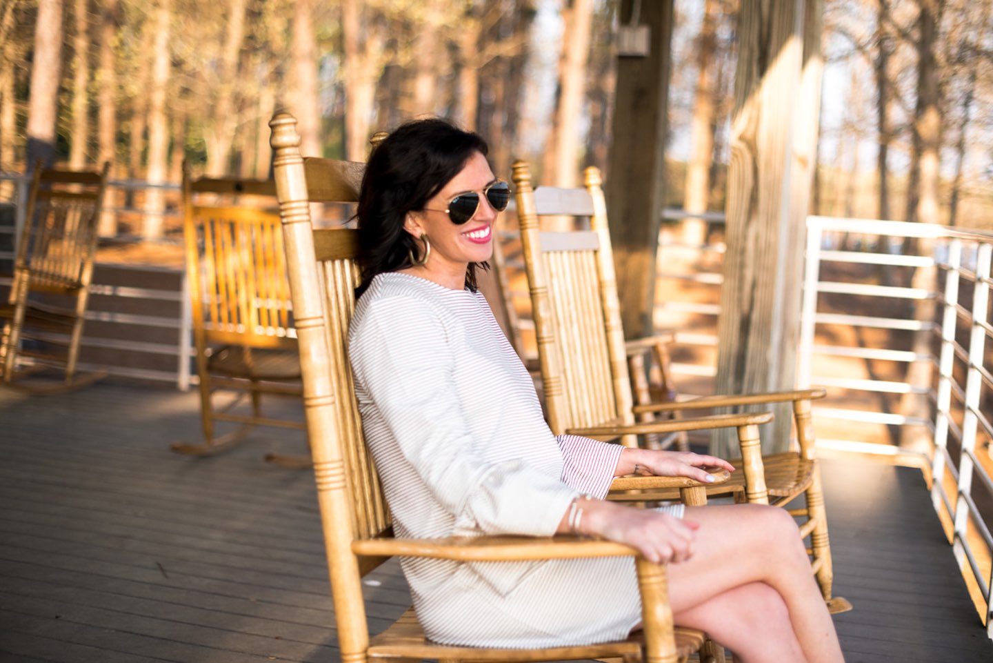 Casual Spring Outfits featured by top US fashion blog I'm Fixin' To; Image of a woman wearing J. Crew Factory Stripe Dress, David Yurman Bangle, Sheila Fajl Hoops, Ray-Ban Polarized Aviators and Jack Rogers Sandals