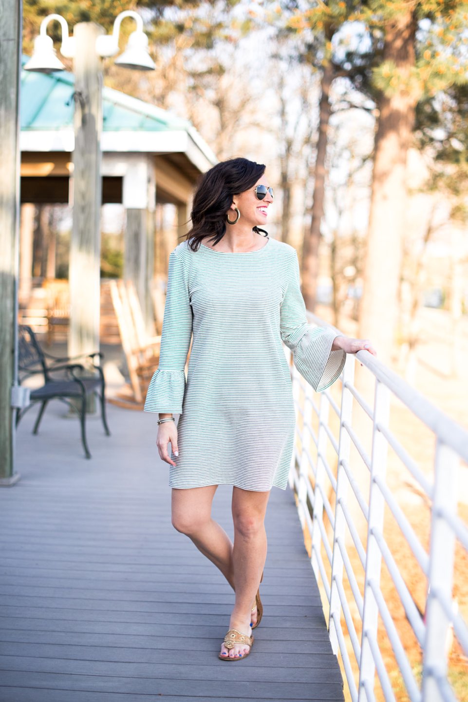 Casual Spring Outfits featured by top US fashion blog I'm Fixin' To; Image of a woman wearing J. Crew Factory Stripe Dress, David Yurman Bangle, Sheila Fajl Hoops, Ray-Ban Polarized Aviators and Jack Rogers Sandals