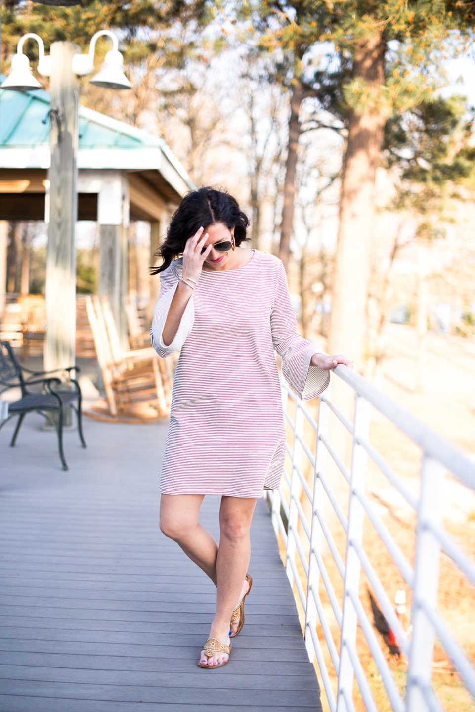 Casual Spring Outfits featured by top US fashion blog I'm Fixin' To; Image of a woman wearing J. Crew Factory Stripe Dress, David Yurman Bangle, Sheila Fajl Hoops, Ray-Ban Polarized Aviators and Jack Rogers Sandals