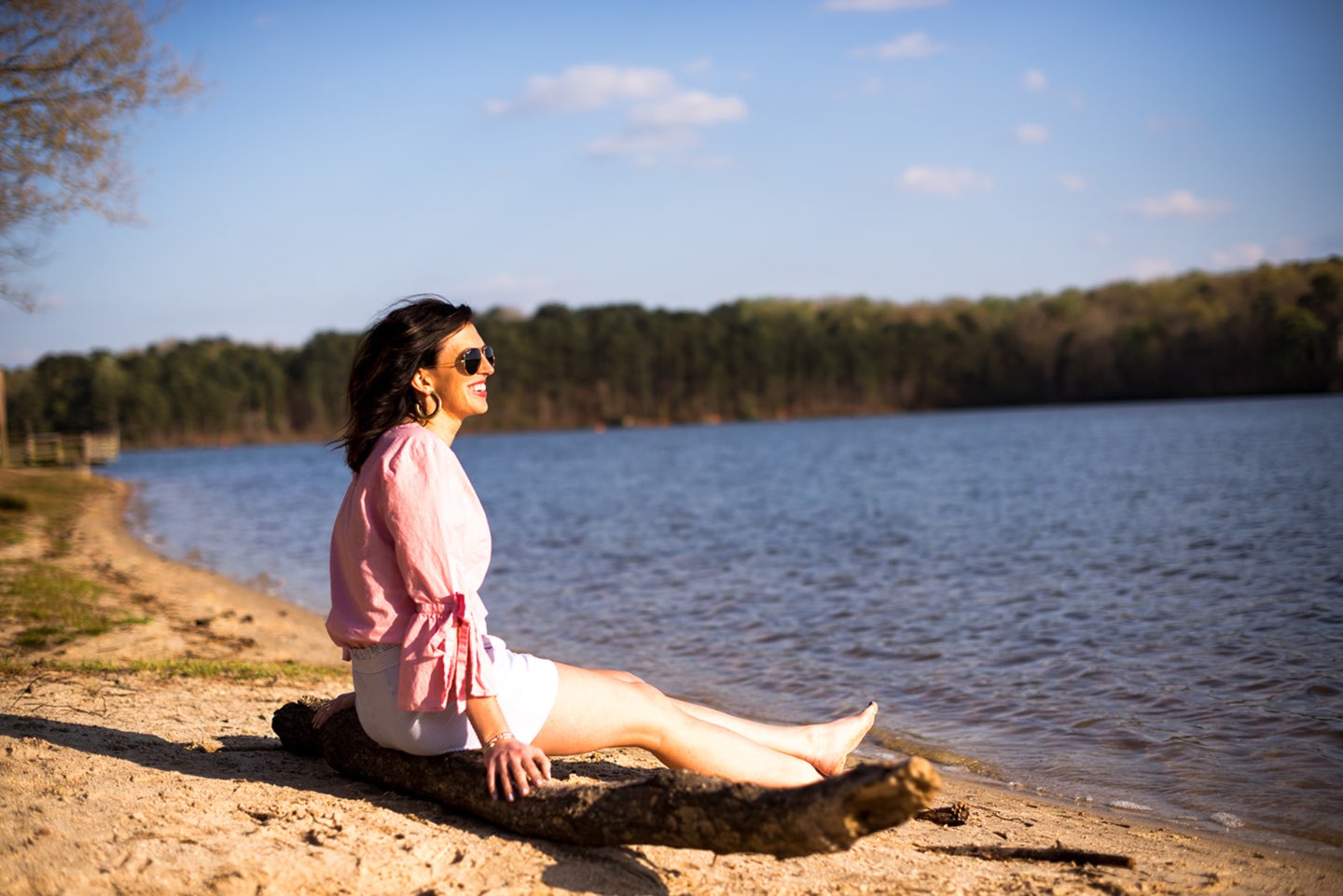Casual Spring Outfits featured by top US fashion blog I'm Fixin' To; Image of a woman wearing J. Crew Factory Linen Tie Top, J. Crew Factory Seersucker Shorts, David Yurman Bangle, Sheila Fajl Hoops, Ray-Ban Polarized Aviators and Jack Rogers Sandals.
