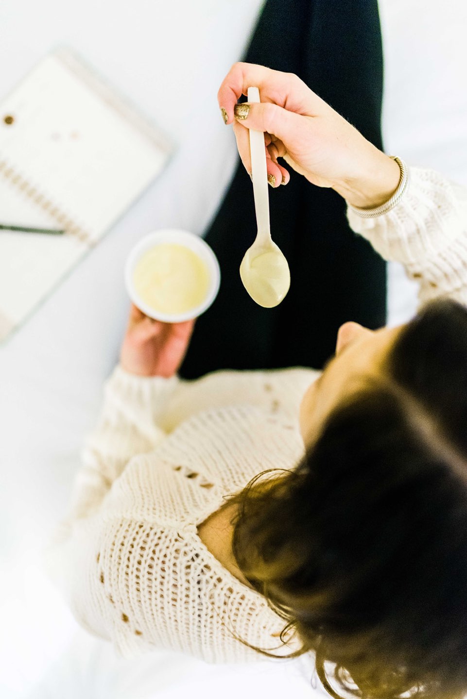 A Quick Dessert Idea that Will Satisfy your Cravings - I'm Fixin' To - @mbg0112 | Oikos, a quick desert idea that will satisfy your sweet cravings, featured by top US lifestyle blog, I'm Fixin To: image of a woman eating an Oikos yogurt