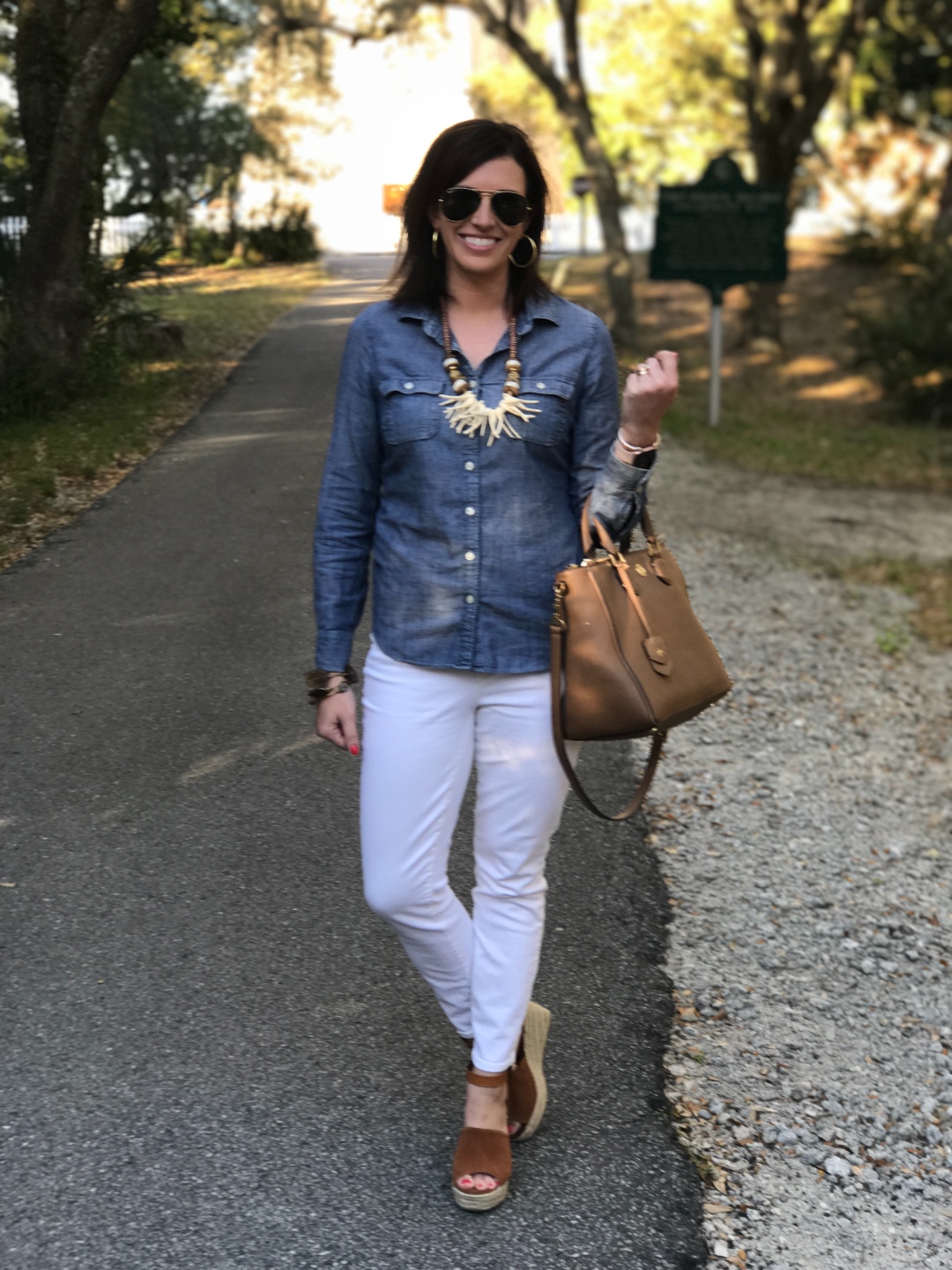 Building Your Spring Wardrobe Capsule - I'm Fixin' To - @mbg0112 | | Spring wardrobe capsule essentials featured by top US fashion blog, I'm Fixin' To: denim button up shirt and white jeans