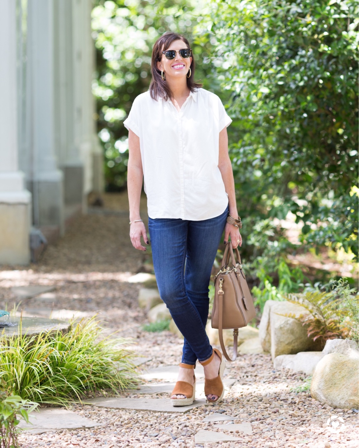 Building Your Spring Wardrobe Capsule - I'm Fixin' To - @mbg0112 | | Spring wardrobe capsule essentials featured by top US fashion blog, I'm Fixin' To: white button up boyfriend shirt, denim jeans and cognac wedge espadrilles