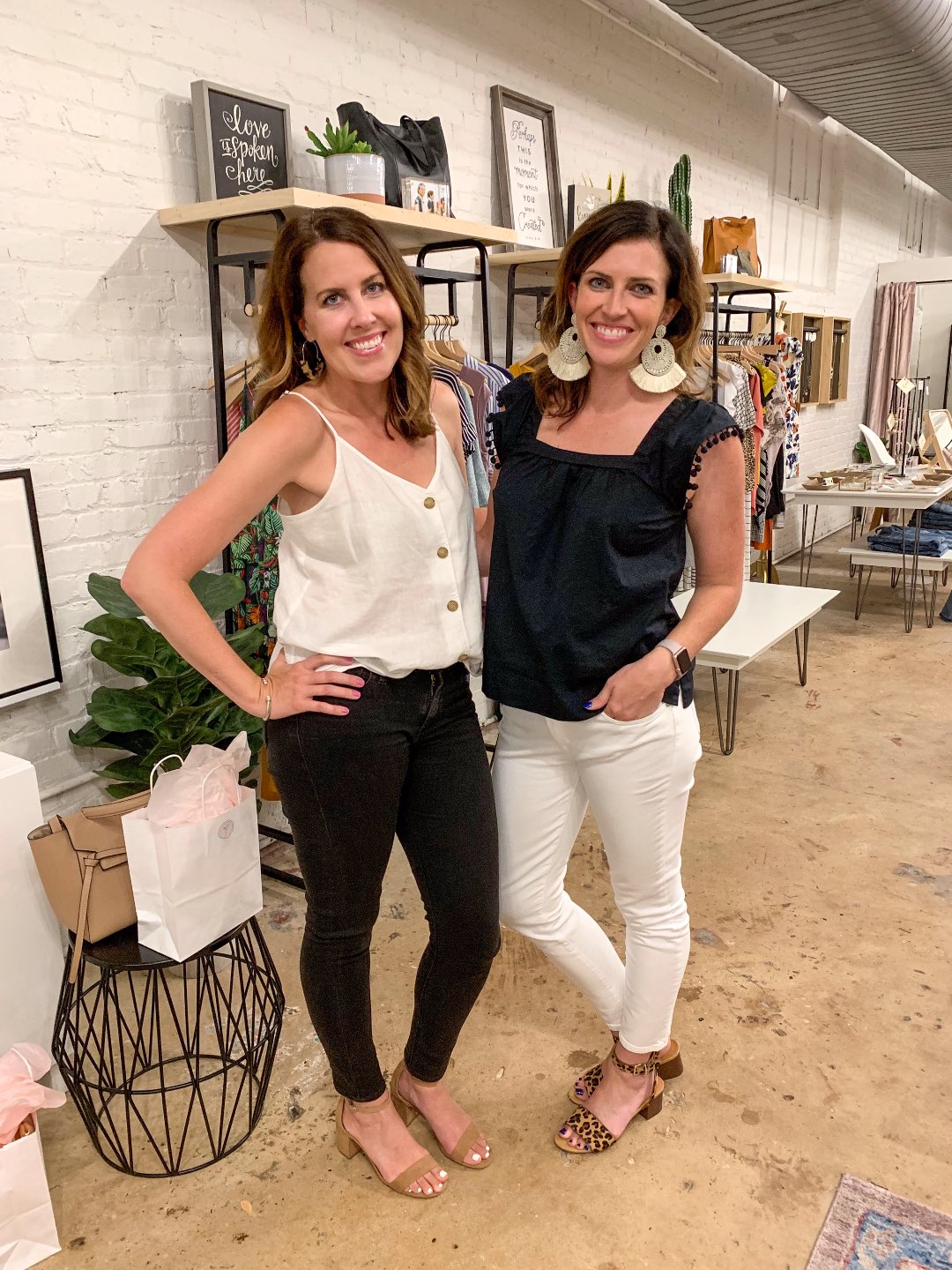 Welcome August + July 2019 Instagram Roundup - I'm Fixin' To - @mbg0112 | Welcome August + July 2019 Instagram Roundup by popular North Carolina life and style blog, I'm Fixin' To: image of two women standing together in a boutique store and one woman is wearing a J. Crew Factory Square-neck top in cotton poplin with pom-poms, J. Crew Factory 10" highest-rise skinny jean in white denim, and J. Crew Factory Calf hair block-heel sandals.