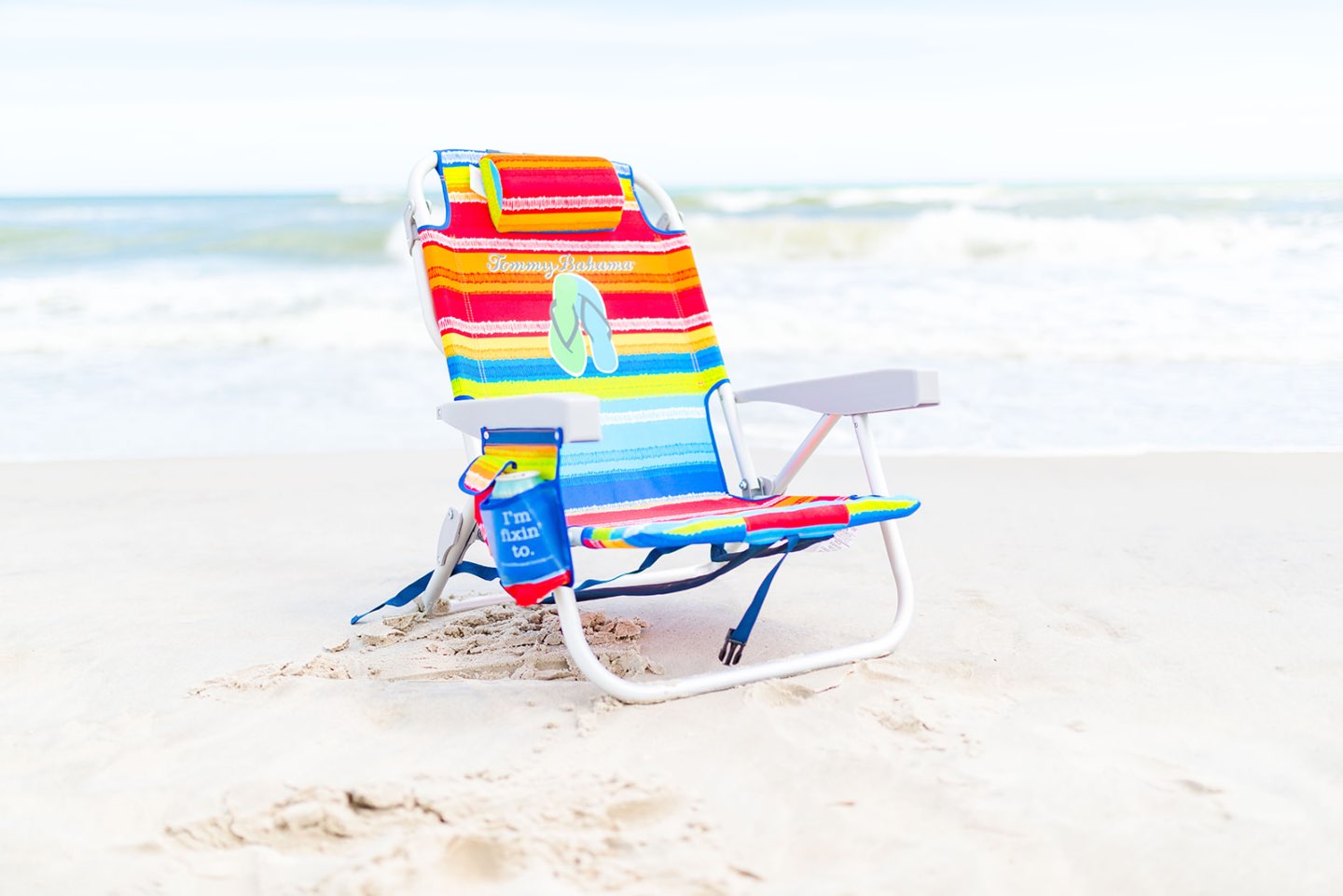 One Year Since Hurricane Florence in North Carolina and How to Help Ocracoke by popular North Carolina blog, I'm Fixin' To: image of a Tommy Bahama chair on the beach.