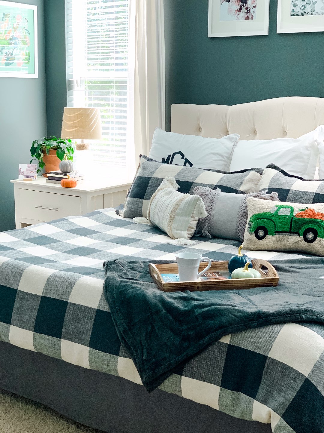 Our Fall Home Decor & Foyer Reveal - I'm Fixin' To - @mbg0112 | Cozy Fall Decor Ideas for your Home & Foyer by popular North Carolina life and style blog, I'm Fixin' To: image of a bed with a Pottery Barn BRYCE BUFFALO CHECK COTTON DUVET COVER.