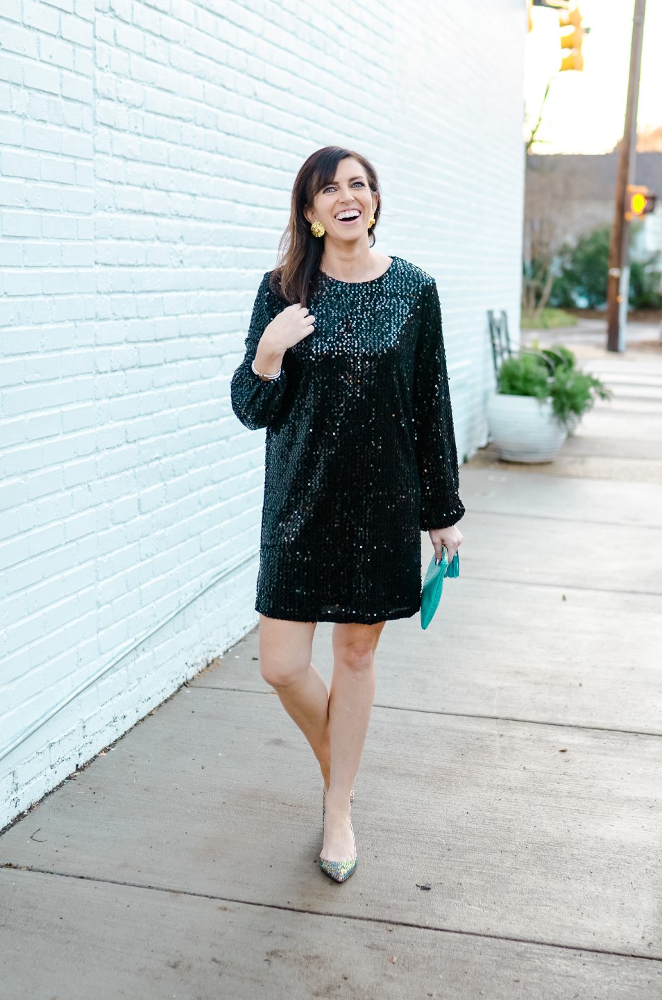 Holiday Style and Outfit Inspiration - I'm Fixin' To - @mbg0112 | Holiday Style and Outfit Inspiration by popular North Carolina fashion blog, I'm Fixin' To: image of a woman wearing a 5th and Franklin Glam & Glitz Dress, J. Crew Colette d'Orsay pumps in holographic glitter, Hunter Blake THE POPPY earrings, and Gigi New York ALL IN ONE BAG.