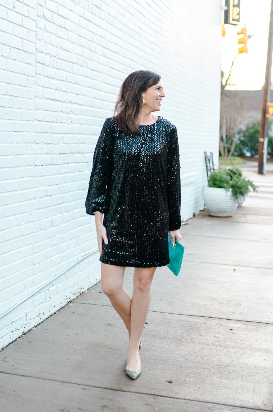 Holiday Style and Outfit Inspiration - I'm Fixin' To - @mbg0112 | Holiday Style and Outfit Inspiration by popular North Carolina fashion blog, I'm Fixin' To: image of a woman wearing a 5th and Franklin Glam & Glitz Dress, J. Crew Colette d'Orsay pumps in holographic glitter, Hunter Blake THE POPPY earrings, and Gigi New York ALL IN ONE BAG.