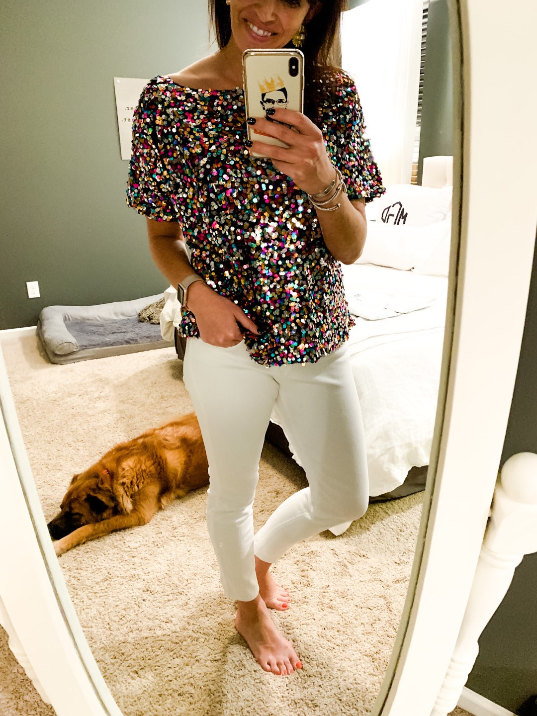 Top 10 Recent Amazon Purchases by popular North Carolina life and style blog, I'm Fixin' To: image of a woman wearing a ANNA-KACI Womens Short Sleeve One Shoulder Sexy Sequin Top.