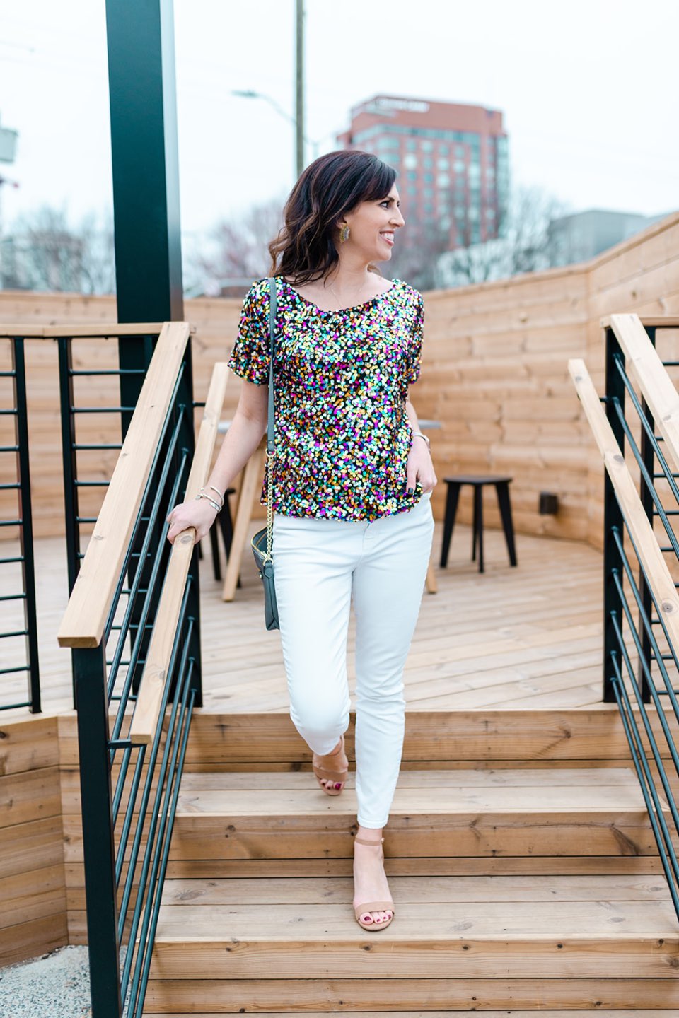 Top 10 Amazon Fashion Tops for Spring - I'm Fixin' To - @mbg0112 | Amazon Fashion Tops by popular NC life and style blog, I'm Fixin' To: image of a woman wearing a J. Crew 9" high-rise toothpick jean in white, Target Zip Closure Crossbody Bag, Target heels, Neiman Marcus Mignonne Gavigan Mini Madeline Statement Earrings, Hart JANUS LUCKY COIN NECKLACE, and David Yurman Bangles.