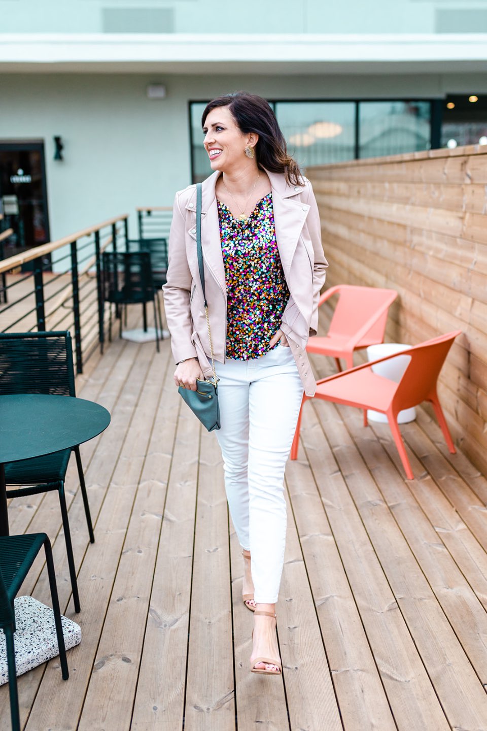 Top 10 Amazon Fashion Tops for Spring - I'm Fixin' To - @mbg0112 | Amazon Fashion Tops by popular NC life and style blog, I'm Fixin' To: image of a woman wearing a J. Crew 9" high-rise toothpick jean in white, Target Zip Closure Crossbody Bag, Target heels, Neiman Marcus Mignonne Gavigan Mini Madeline Statement Earrings, Hart JANUS LUCKY COIN NECKLACE, and a Nordstrom BB Dakota Lucky Lizard Snake Embossed Faux Leather Moto Jacket.