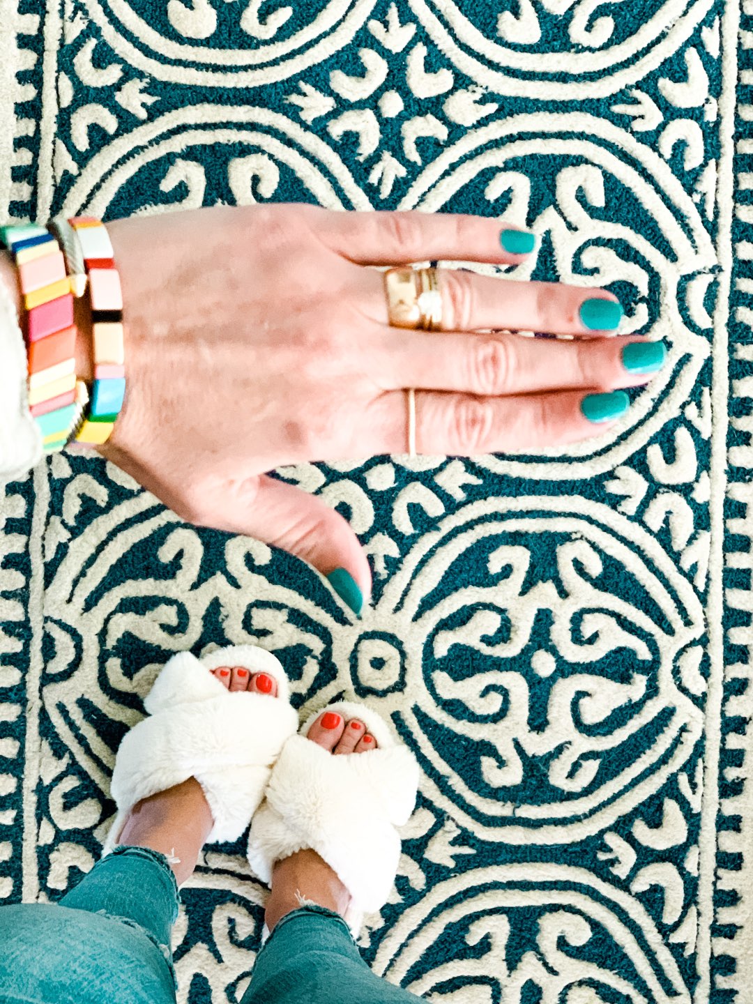 Recent Purchases by popular N.C. life and style blog, I'm Fixin' To: image of a woman wearing Amazon ZOLEAROPY Enamel Tile Bracelet.