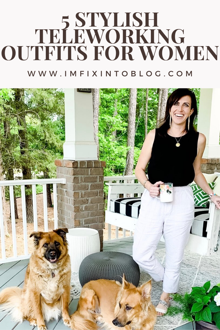 5 Stylish Teleworking Outfits for Women - I'm Fixin' To - @mbg0112 | Teleworking Outfits for Women by popular North Carolina fashion blog, I'm Fixin' To: Pinterest image of a woman wearing a black Lou + Grey tank and white linen pants.