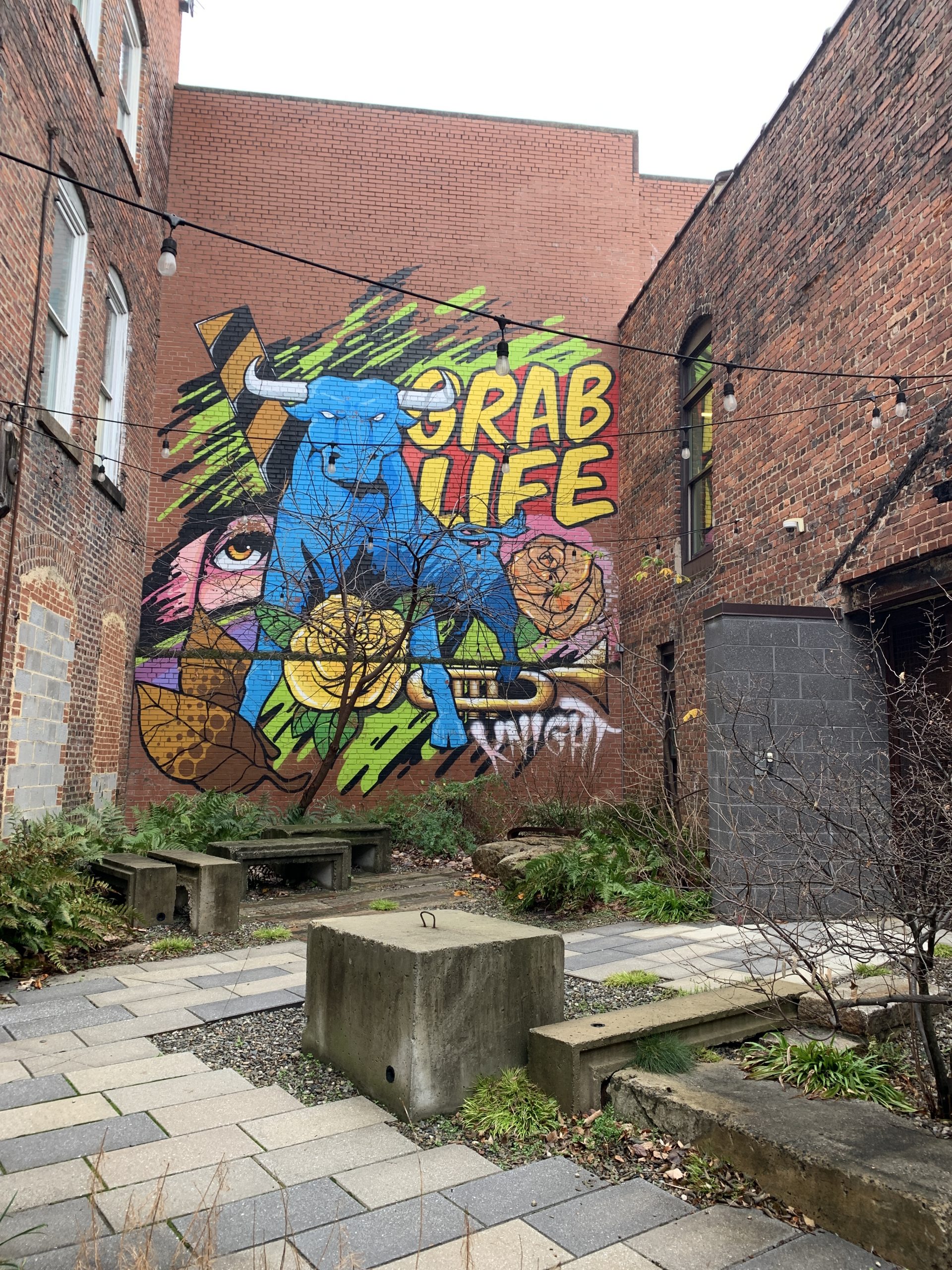 North Carolina Destinations by popular North Carolina blog, I'm Fixin' To: image of a brick wall mural in Durham, North Carolina. 