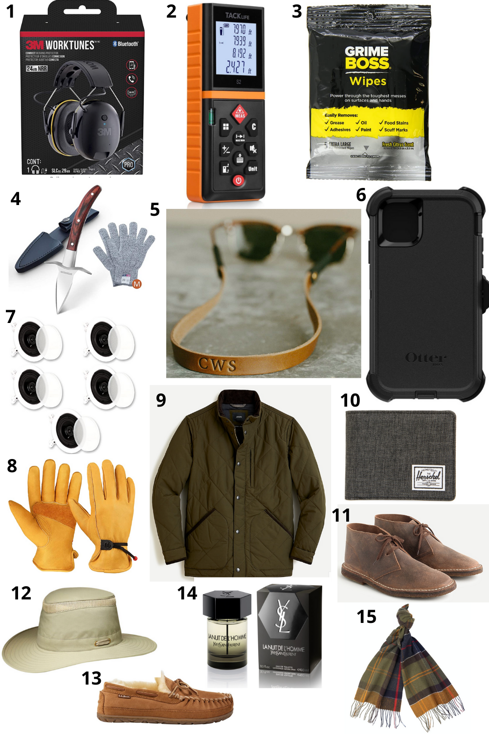 The Ultimate Holiday Gift Guide for Him: 15 Christmas Gifts He'll Love - I'm Fixin' To - @mbg0112 | Holiday Gift Guide for Him by popular NC life and style blog, I'm Fixin' To: collage image of Worktunes headphones, Grime Boss wipes, phone case, moccasin slippers, YSL cologne, plaid scarf, leather gloves,Tacklife Advanced Laser Measure,Theater Solutions In Ceiling Surround Sound Home Theater, J. Crew MacAlister boots in leather,Tilley LTM6 Airflo Broad Brim Hat,Monogrammed Sunglass Strap, quilted jacket, and Oyster Shucking Knife.