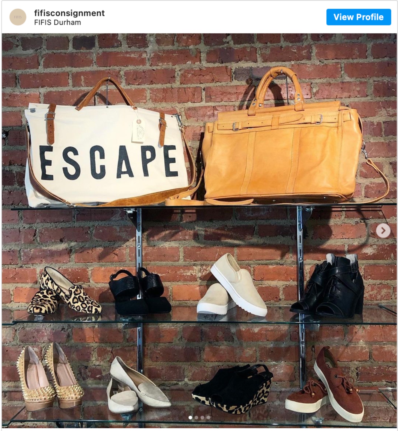 Durham Shopping: Top 11 Best Fashion Boutiques to visit After a Year of Quarantine - I'm Fixin' To - @imfixintoblog | Durham Shopping by popular NC lifestyle blog, I'm Fixin' To: image of purses and shoes on glass display shelves. 