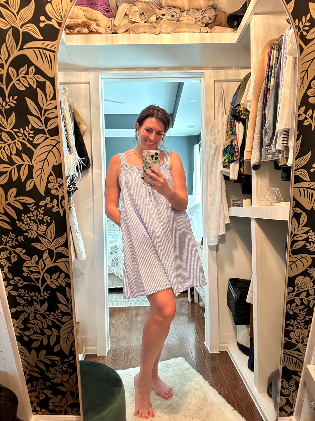 Meghan Grant taking a selfie and wearing Lake Pajamas Alice Nightgown in Seersucker