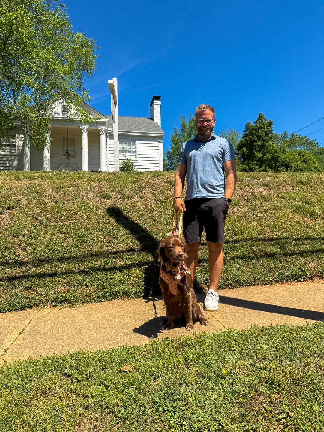 Ruthie & David exploring the sidewalks of historic downtown Hillsborough, NC, along King Street by the historic homes.